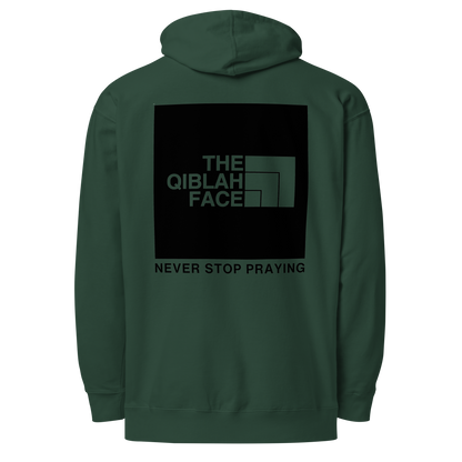 HOODIE Midweight (Adult) - THE QIBLAH FACE (Never Stop Praying - Back Logo) - Black