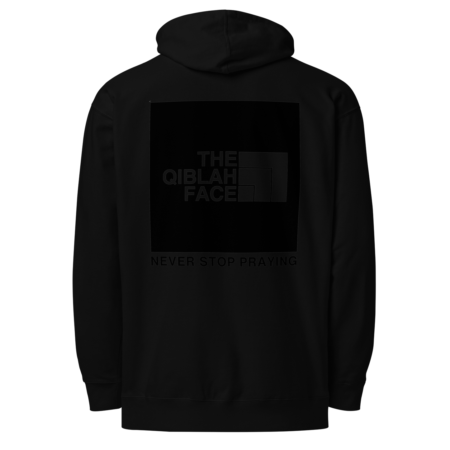 HOODIE Midweight (Adult) - THE QIBLAH FACE (Never Stop Praying - Back Logo) - Black