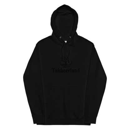 HOODIE Midweight (Adult) - TAKBEERLAND FULL LOGO (Centered/Medium) - Black