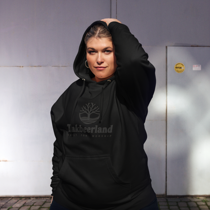 HOODIE Midweight (Adult) - TAKBEERLAND FULL LOGO (Centered/Medium) - Black