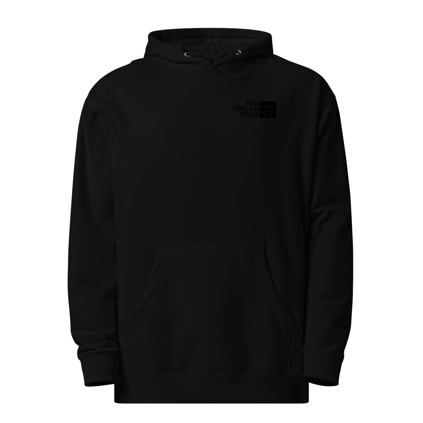 HOODIE Midweight (Adult) - THE QIBLAH FACE (Never Stop Praying - Back Logo) - Black