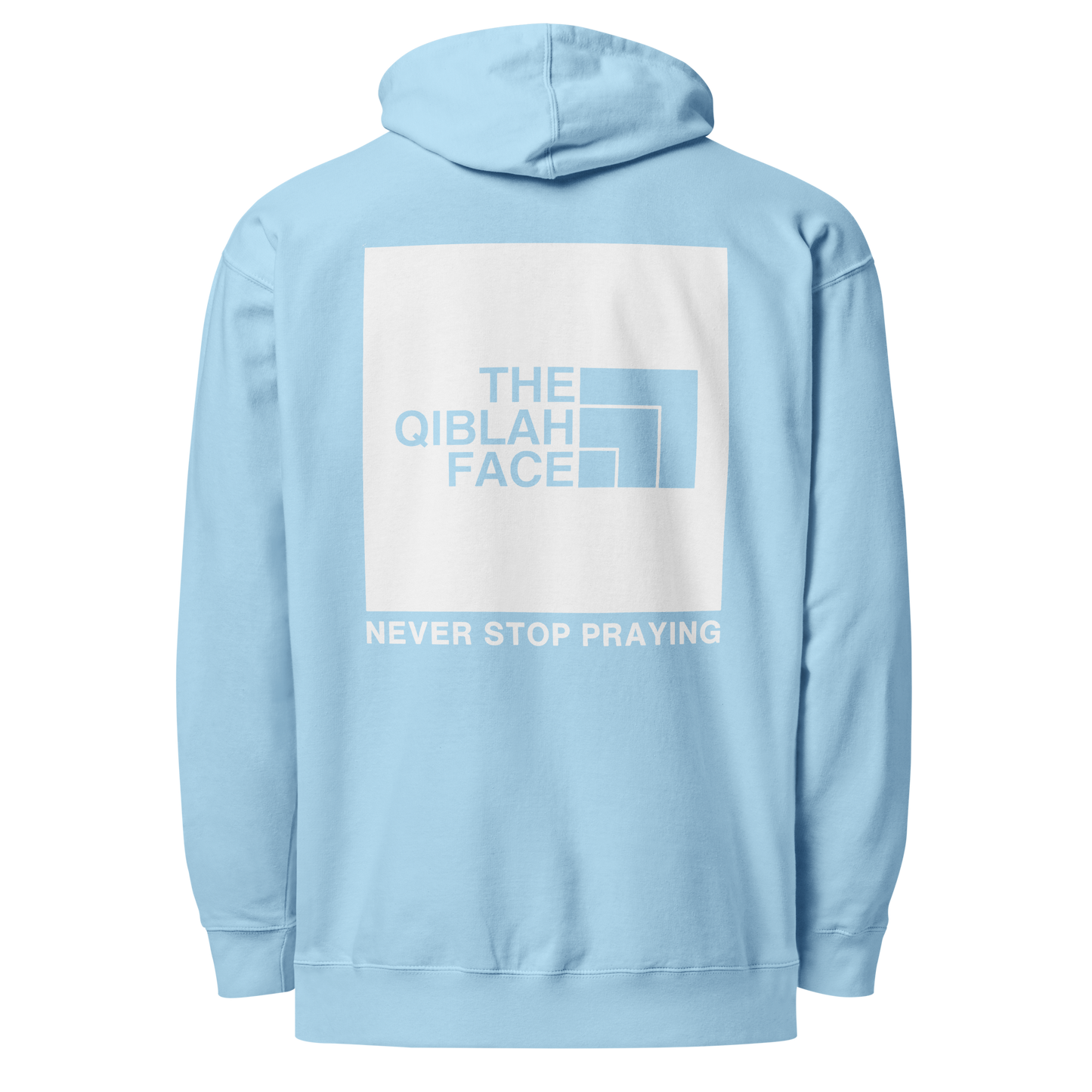 HOODIE Midweight (Adult) - THE QIBLAH FACE (Never Stop Praying - Back Logo) - White