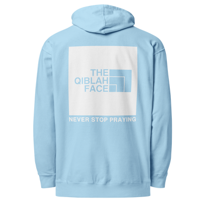 HOODIE Midweight (Adult) - THE QIBLAH FACE (Never Stop Praying - Back Logo) - White