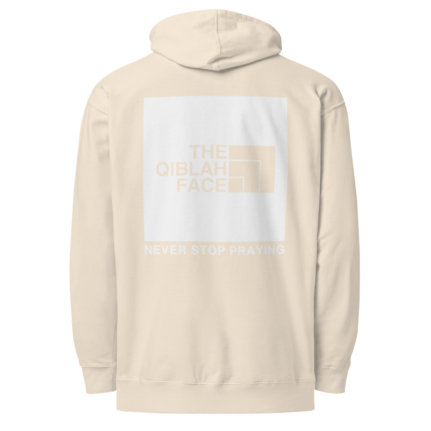 HOODIE Midweight (Adult) - THE QIBLAH FACE (Never Stop Praying - Back Logo) - White