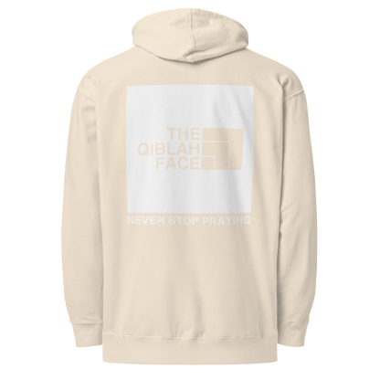 HOODIE Midweight (Adult) - THE QIBLAH FACE (Never Stop Praying - Back Logo) - White