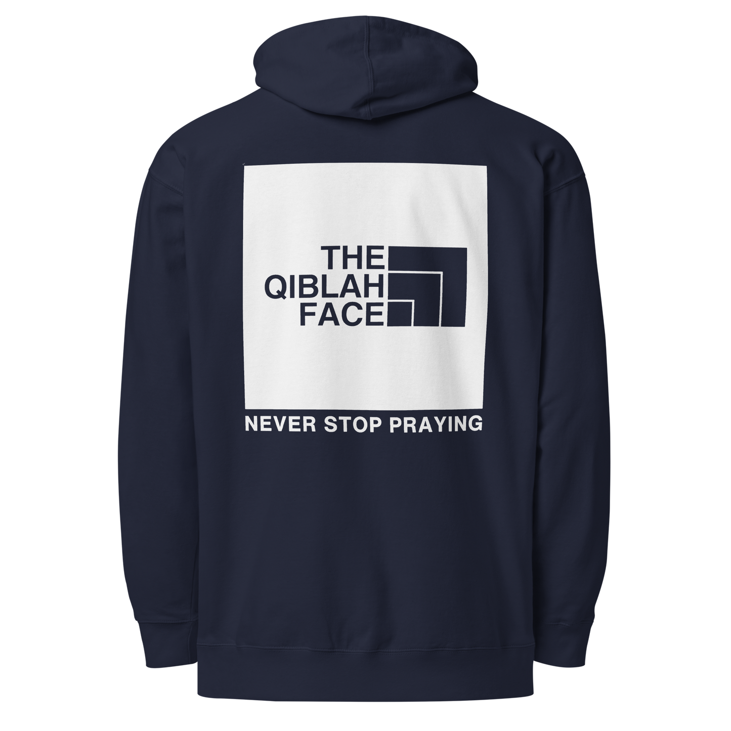 HOODIE Midweight (Adult) - THE QIBLAH FACE (Never Stop Praying - Back Logo) - White