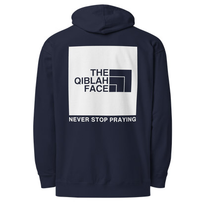 HOODIE Midweight (Adult) - THE QIBLAH FACE (Never Stop Praying - Back Logo) - White