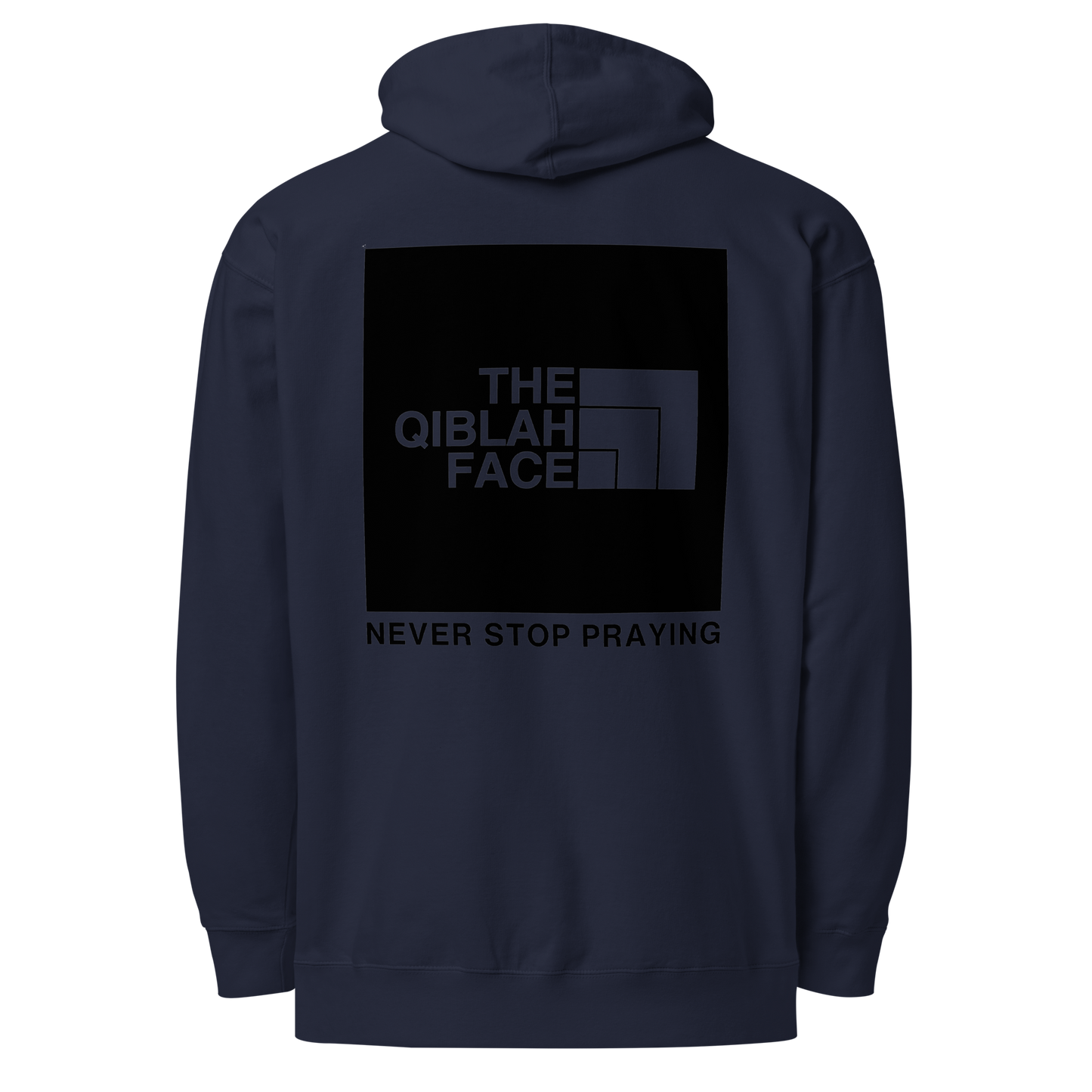 HOODIE Midweight (Adult) - THE QIBLAH FACE (Never Stop Praying - Back Logo) - Black