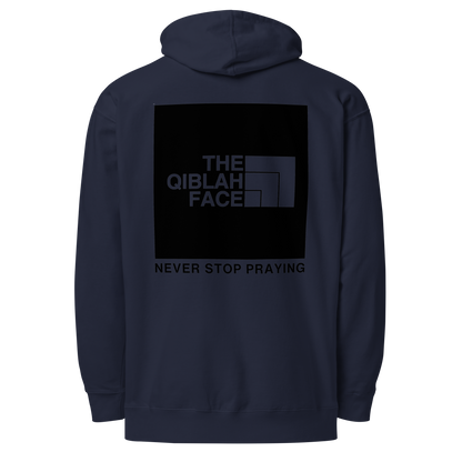 HOODIE Midweight (Adult) - THE QIBLAH FACE (Never Stop Praying - Back Logo) - Black