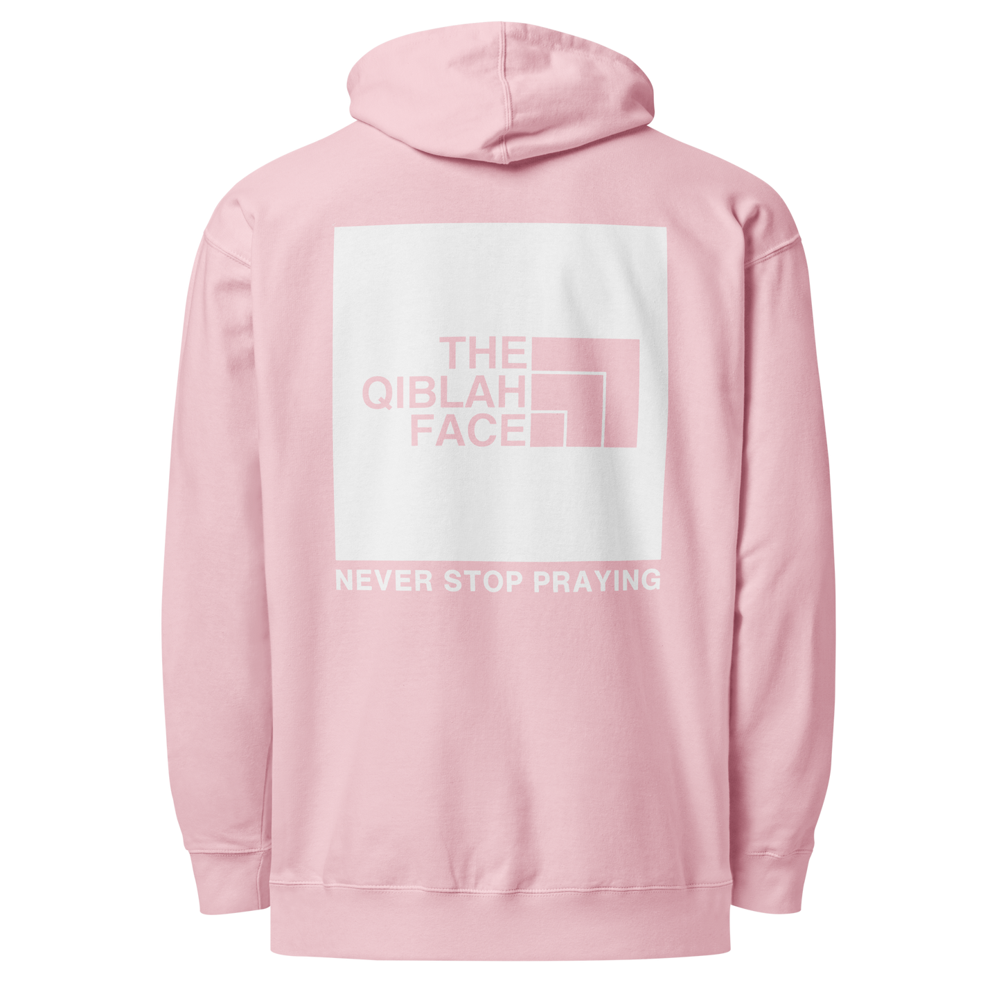 HOODIE Midweight (Adult) - THE QIBLAH FACE (Never Stop Praying - Back Logo) - White