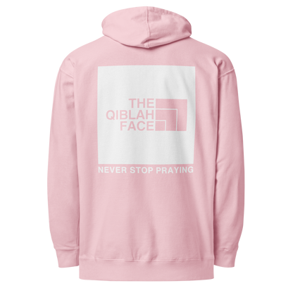 HOODIE Midweight (Adult) - THE QIBLAH FACE (Never Stop Praying - Back Logo) - White