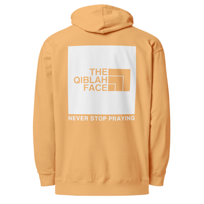 HOODIE Midweight (Adult) - THE QIBLAH FACE (Never Stop Praying - Back Logo) - White