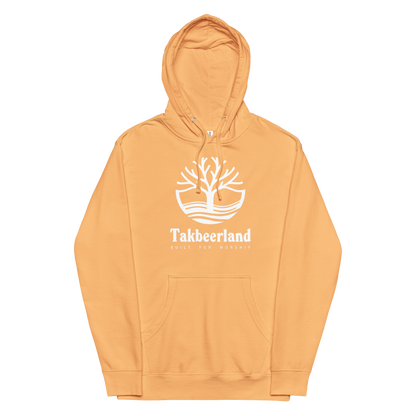 HOODIE Midweight (Adult) - TAKBEERLAND FULL LOGO (Centered/Large) - White