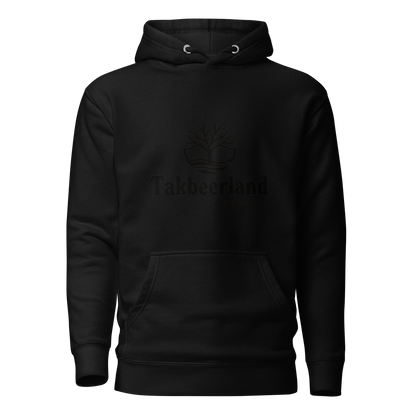 HOODIE Premium (Adult) - TAKBEERLAND FULL LOGO (Centered/Medium) - Black