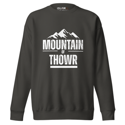 Black sweatshirt with 'Mountain of Thowr' text and mountain graphic on a white background