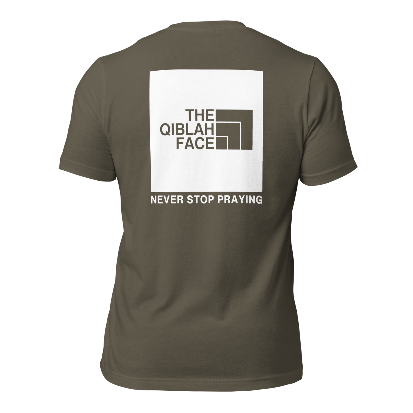 ADULT T-Shirt - THE QIBLAH FACE (Never Stop Praying - Back Logo) - White