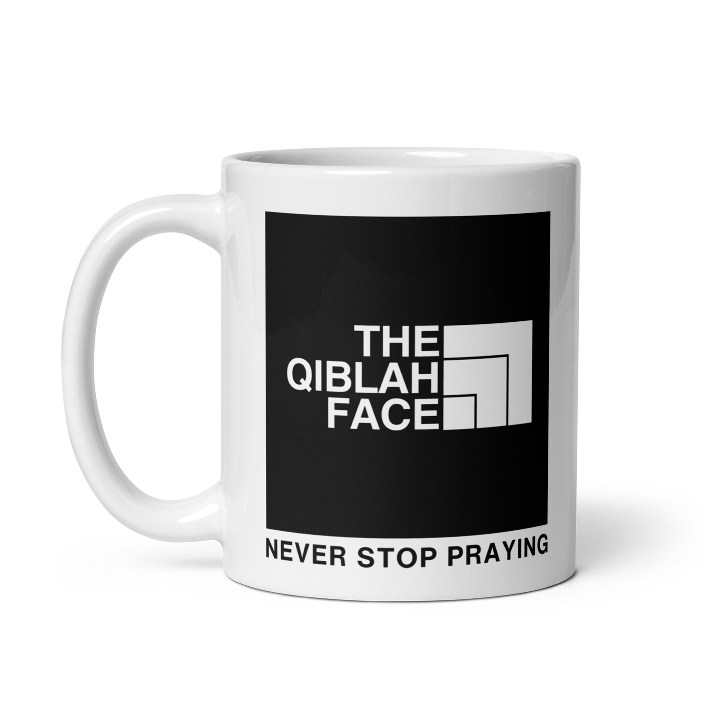 MUG Glossy White - THE QIBLAH FACE (Never Stop Praying - Back Logo)