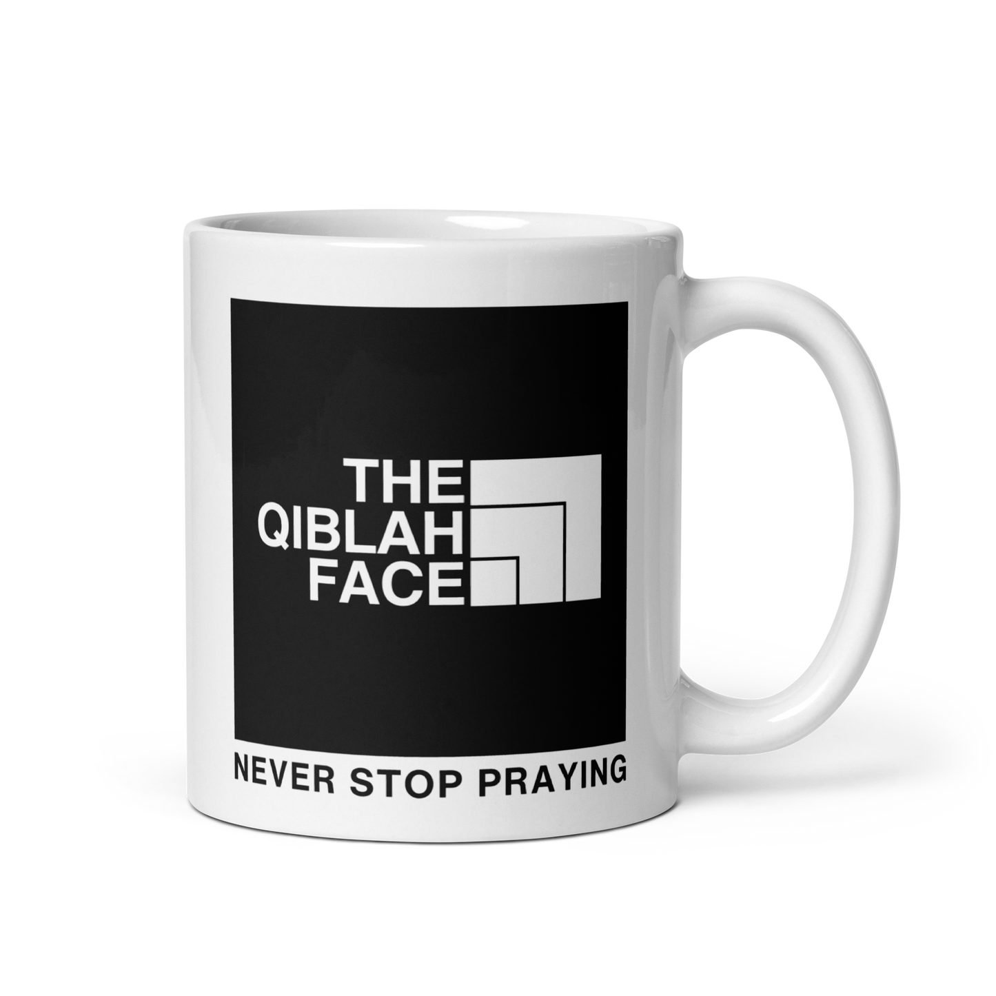 MUG Glossy White - THE QIBLAH FACE (Never Stop Praying - Back Logo)