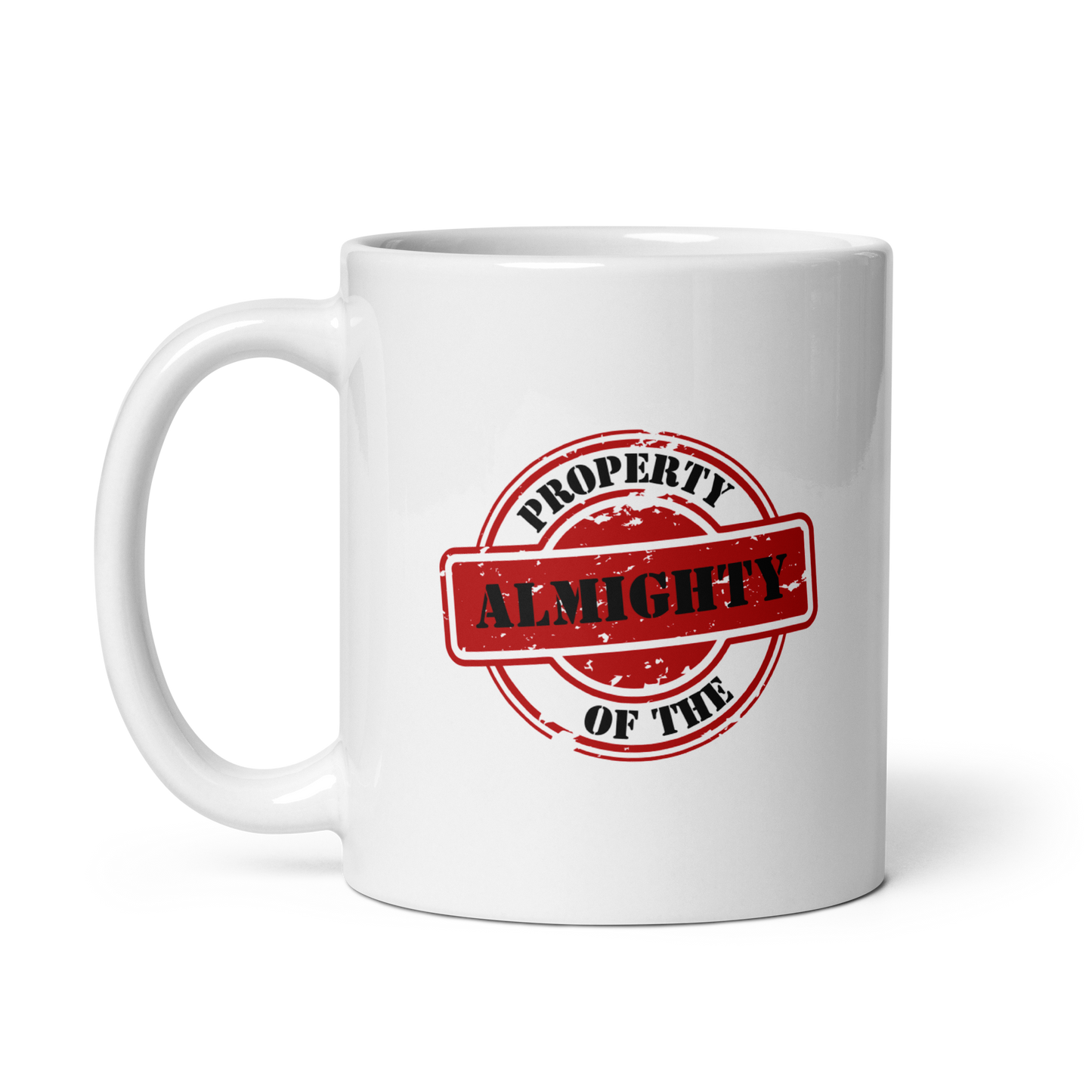 MUG Glossy White - PROPERTY OF THE ALMIGHTY - Black/Red