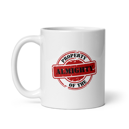 MUG Glossy White - PROPERTY OF THE ALMIGHTY - Black/Red