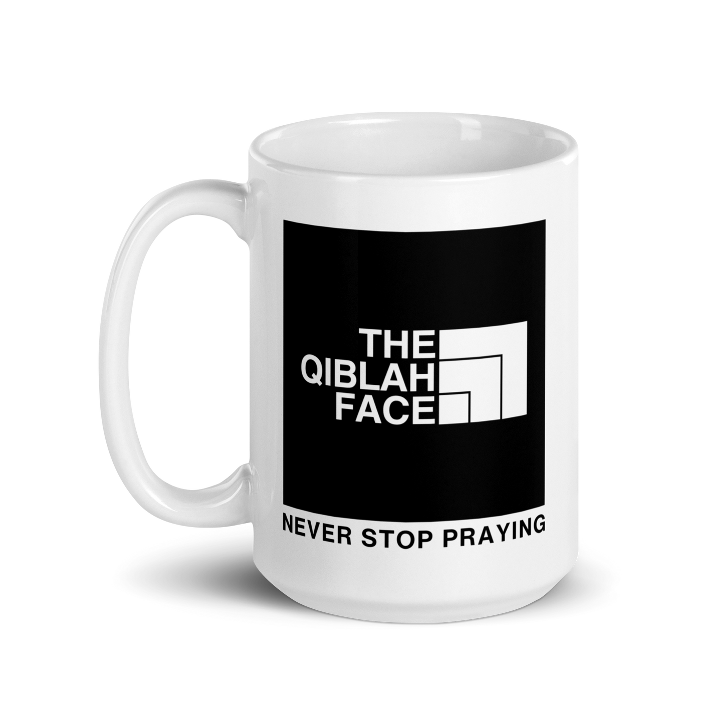 MUG Glossy White - THE QIBLAH FACE (Never Stop Praying - Back Logo)