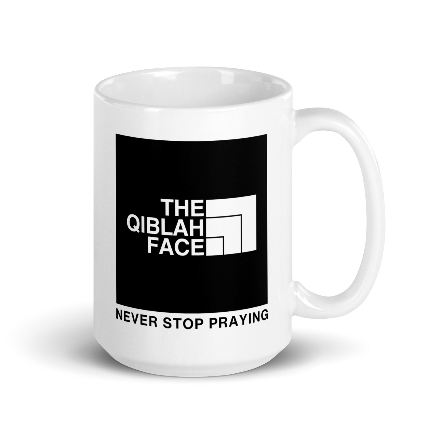 MUG Glossy White - THE QIBLAH FACE (Never Stop Praying - Back Logo)