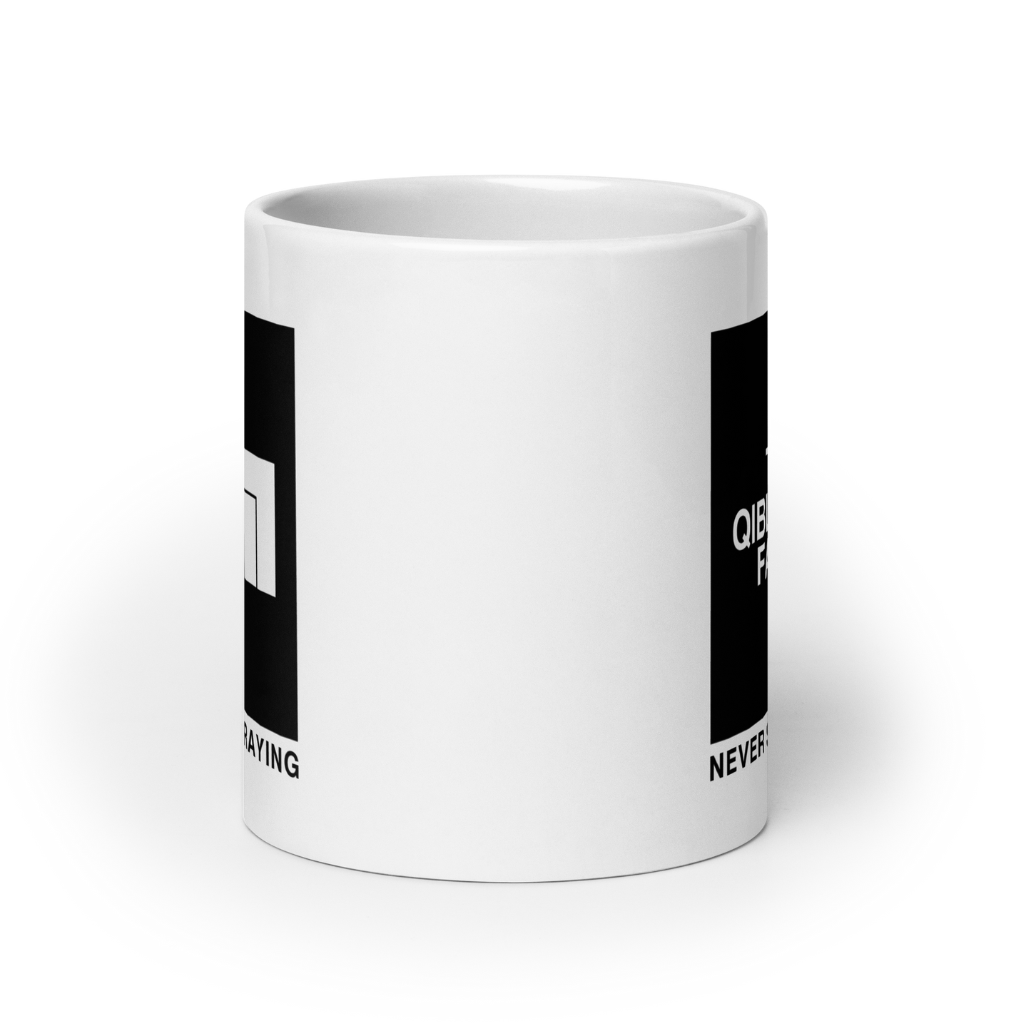 MUG Glossy White - THE QIBLAH FACE (Never Stop Praying - Back Logo)