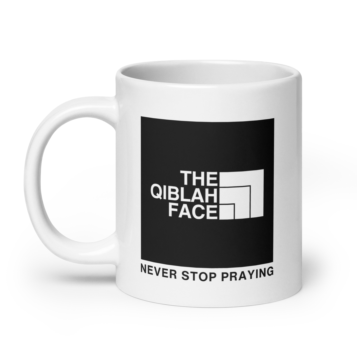 MUG Glossy White - THE QIBLAH FACE (Never Stop Praying - Back Logo)