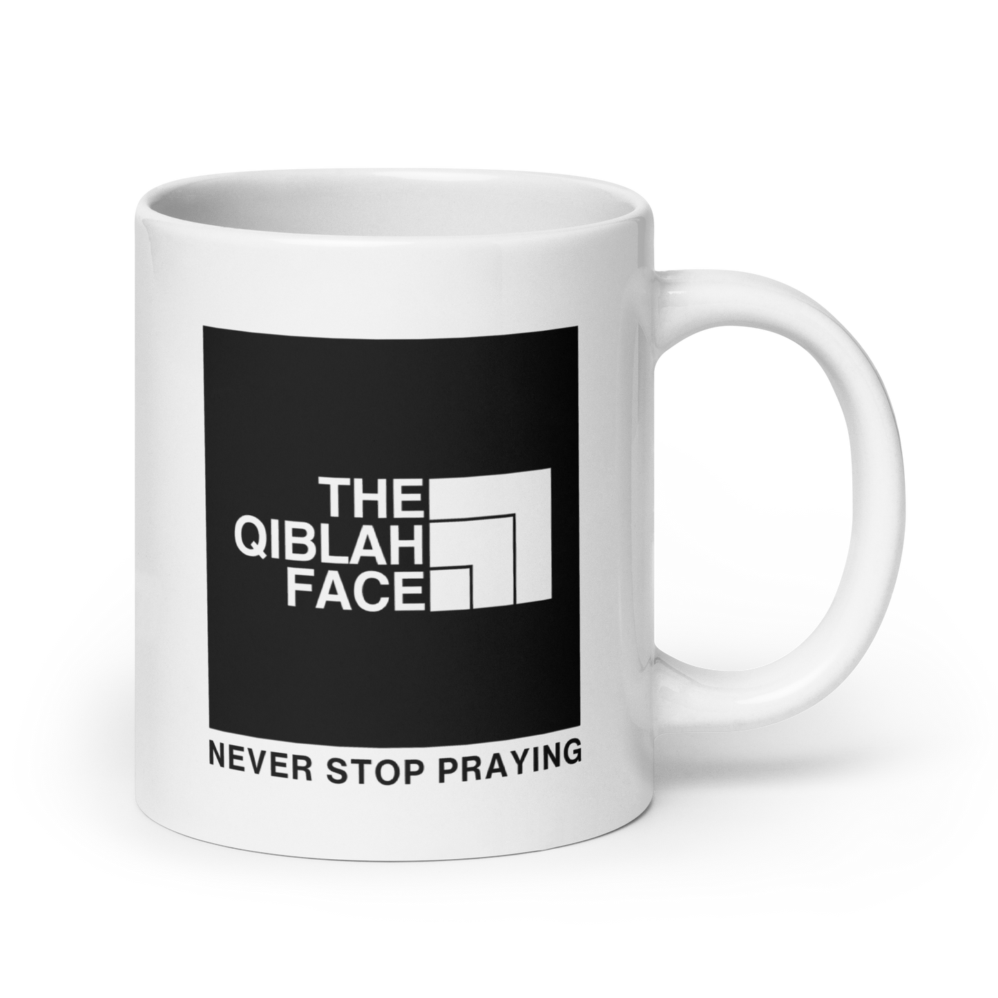 MUG Glossy White - THE QIBLAH FACE (Never Stop Praying - Back Logo)