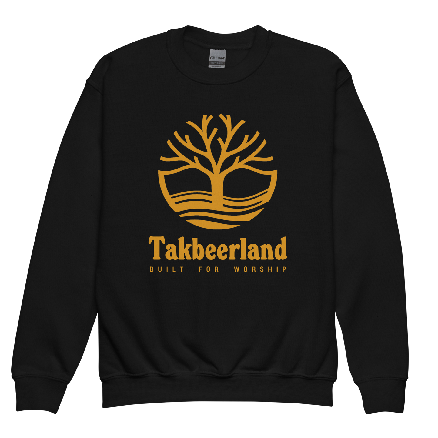 CHILDREN's Crewneck Sweatshirt - TAKBEERLAND FULL LOGO (Centered/Large) - Gold