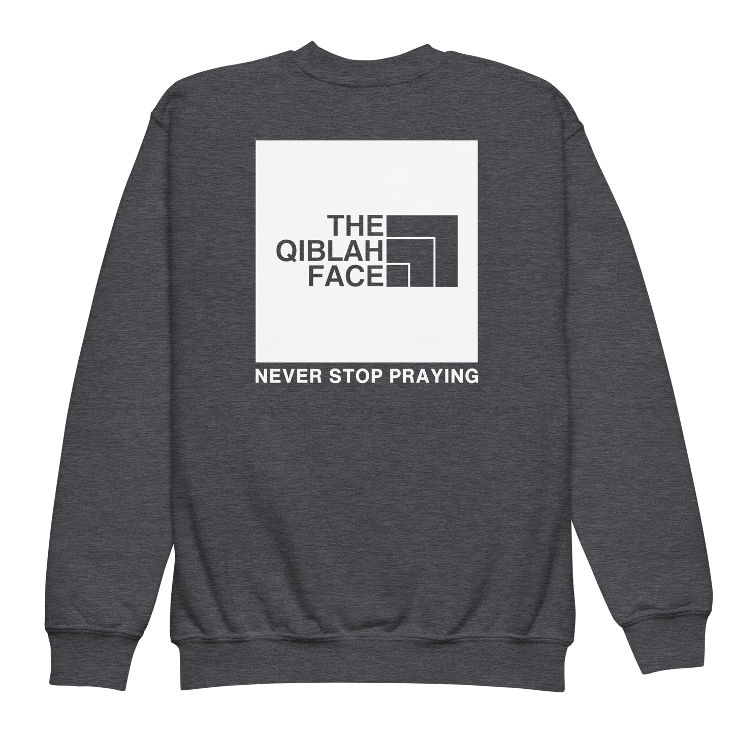 CHILDREN's Crewneck Sweatshirt - THE QIBLAH FACE (Never Stop Praying - Back Logo) - White