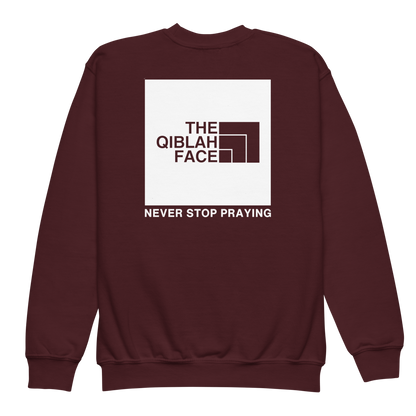 CHILDREN's Crewneck Sweatshirt - THE QIBLAH FACE (Never Stop Praying - Back Logo) - White
