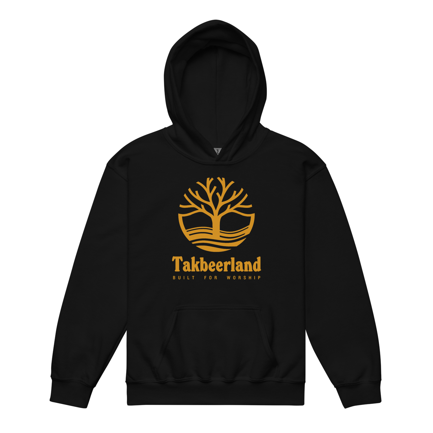 CHILDREN's Hoodie Heavy Blend (Youth) - TAKBEERLAND FULL LOGO (Centered/Large) - Gold