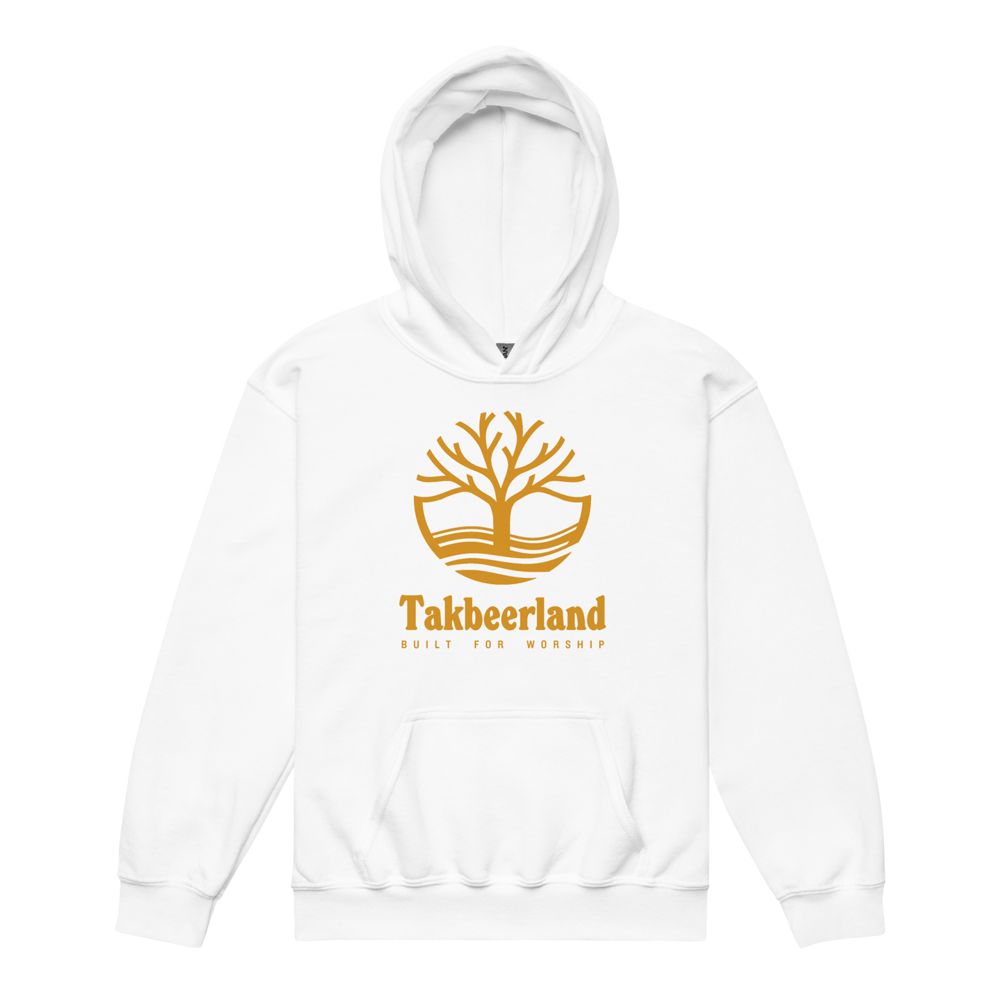 CHILDREN's Hoodie Heavy Blend (Youth) - TAKBEERLAND FULL LOGO (Centered/Large) - Gold