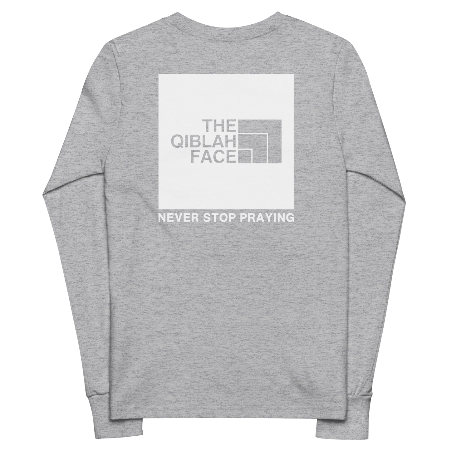 CHILDREN's Long Sleeve - THE QIBLAH FACE (Never Stop Praying - Back Logo) - White