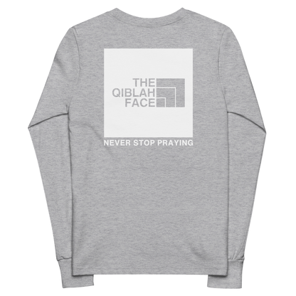 CHILDREN's Long Sleeve - THE QIBLAH FACE (Never Stop Praying - Back Logo) - White