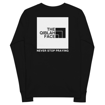 CHILDREN's Long Sleeve - THE QIBLAH FACE (Never Stop Praying - Back Logo) - White