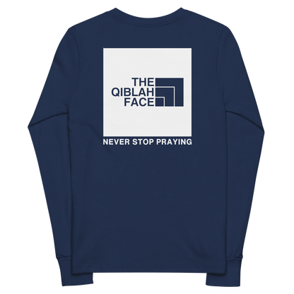 CHILDREN's Long Sleeve - THE QIBLAH FACE (Never Stop Praying - Back Logo) - White