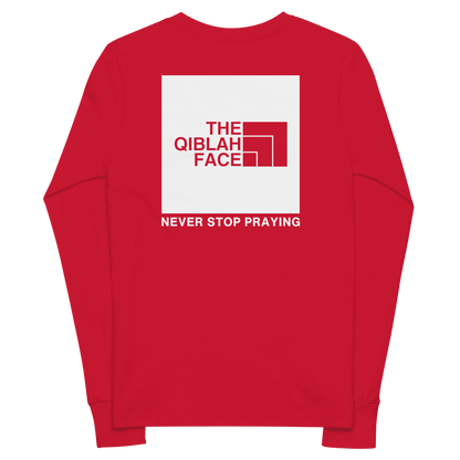 CHILDREN's Long Sleeve - THE QIBLAH FACE (Never Stop Praying - Back Logo) - White