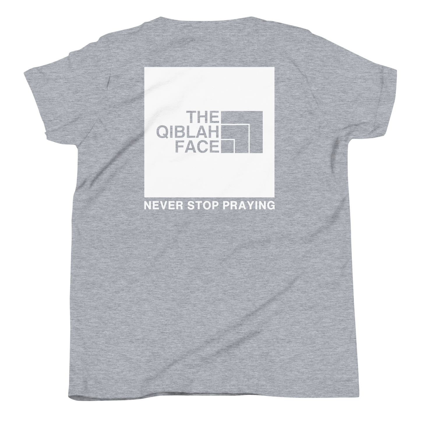 CHILDREN's T-Shirt - THE QIBLAH FACE (Never Stop Praying - Back Logo) - White