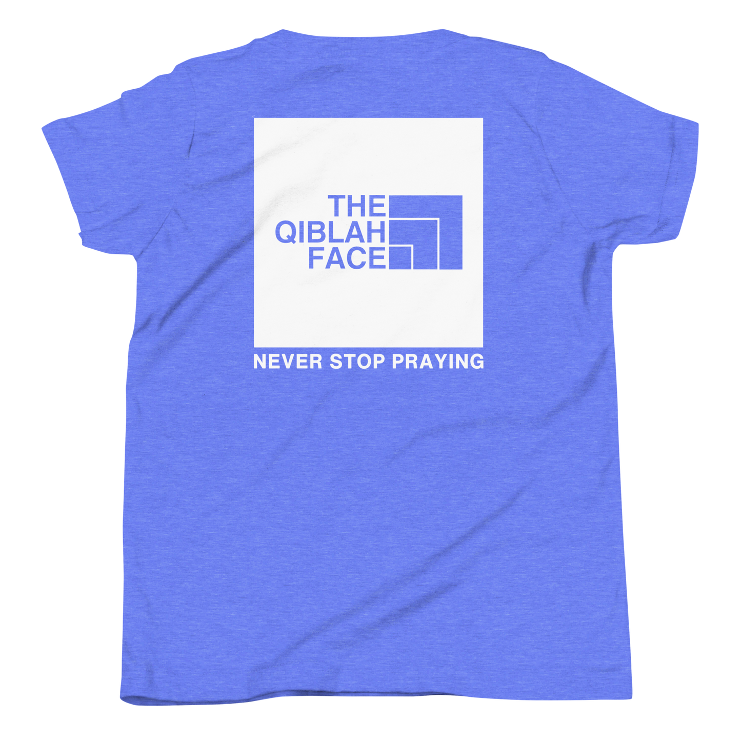 CHILDREN's T-Shirt - THE QIBLAH FACE (Never Stop Praying - Back Logo) - White