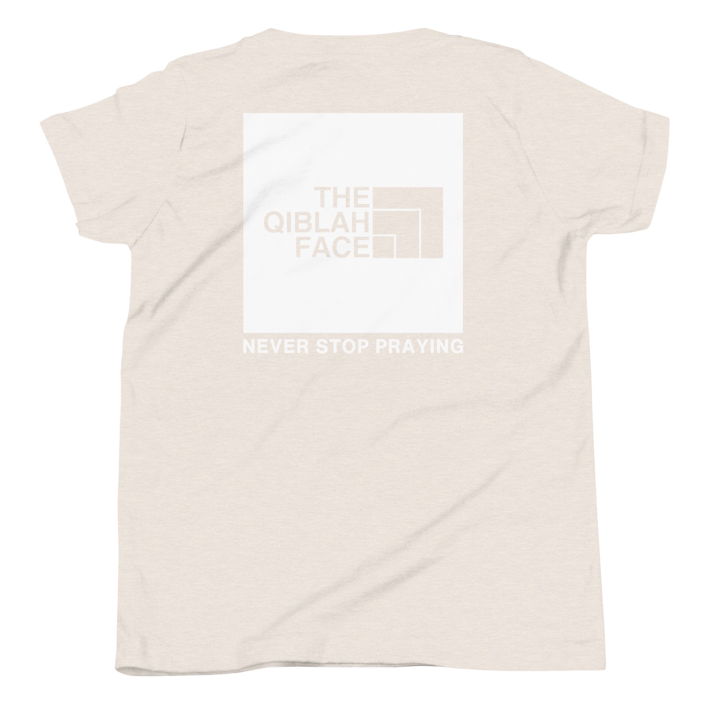 CHILDREN's T-Shirt - THE QIBLAH FACE (Never Stop Praying - Back Logo) - White