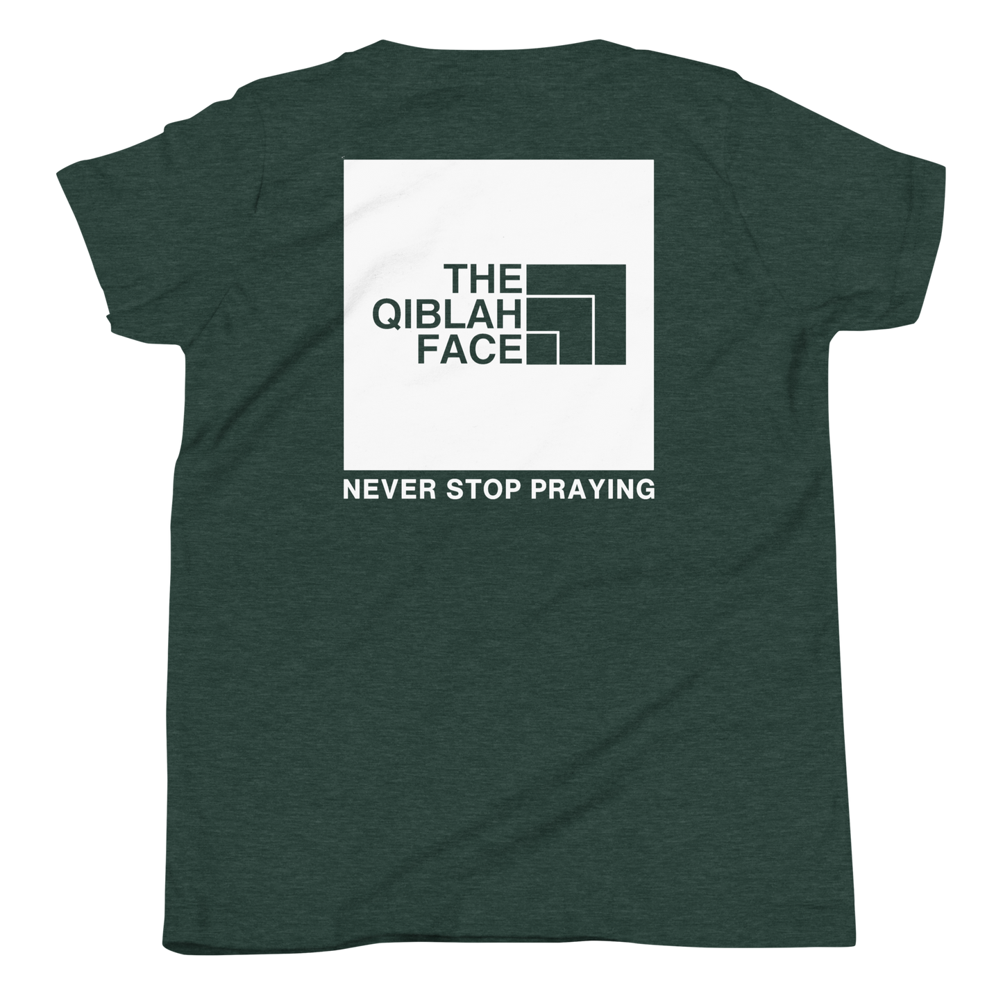 CHILDREN's T-Shirt - THE QIBLAH FACE (Never Stop Praying - Back Logo) - White