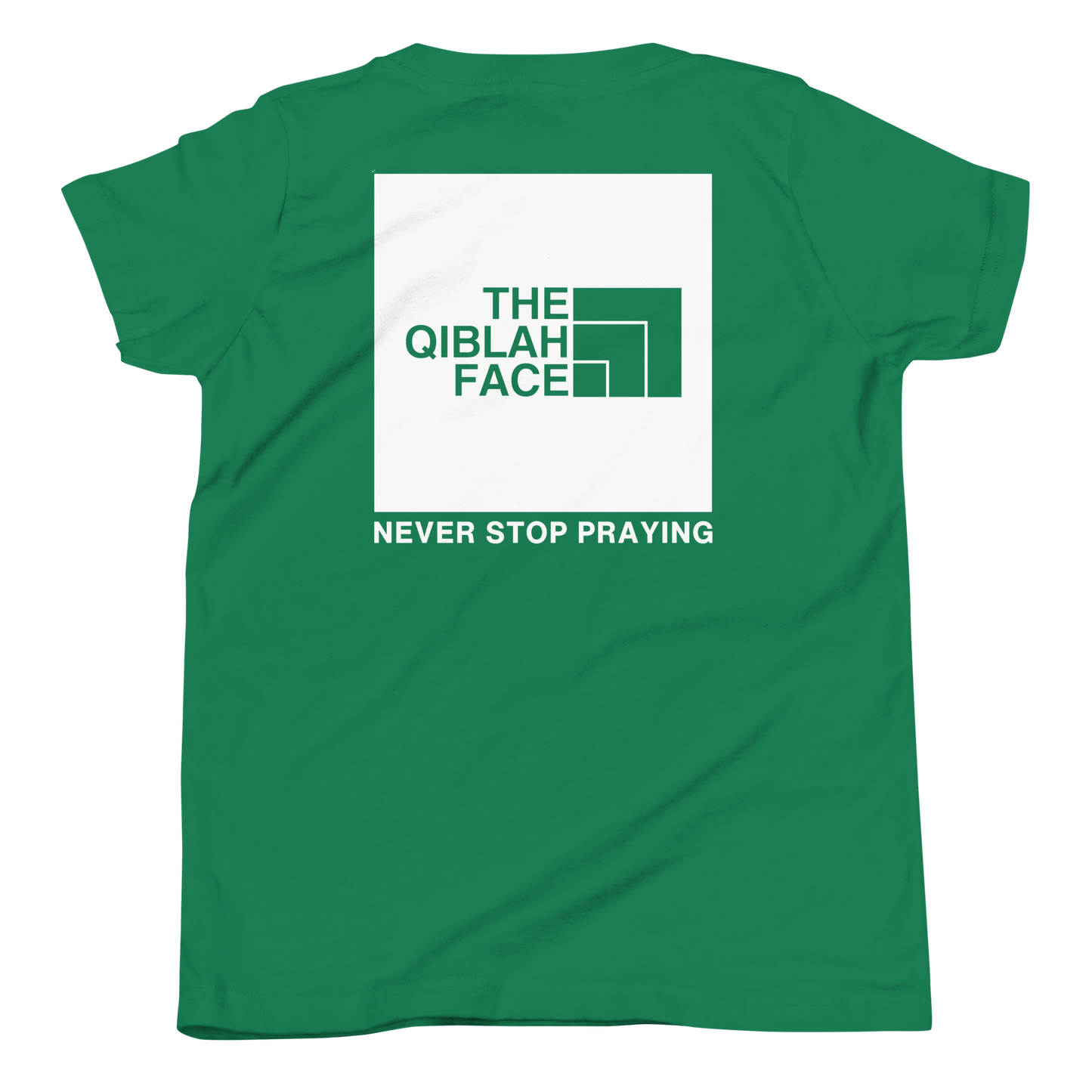 CHILDREN's T-Shirt - THE QIBLAH FACE (Never Stop Praying - Back Logo) - White