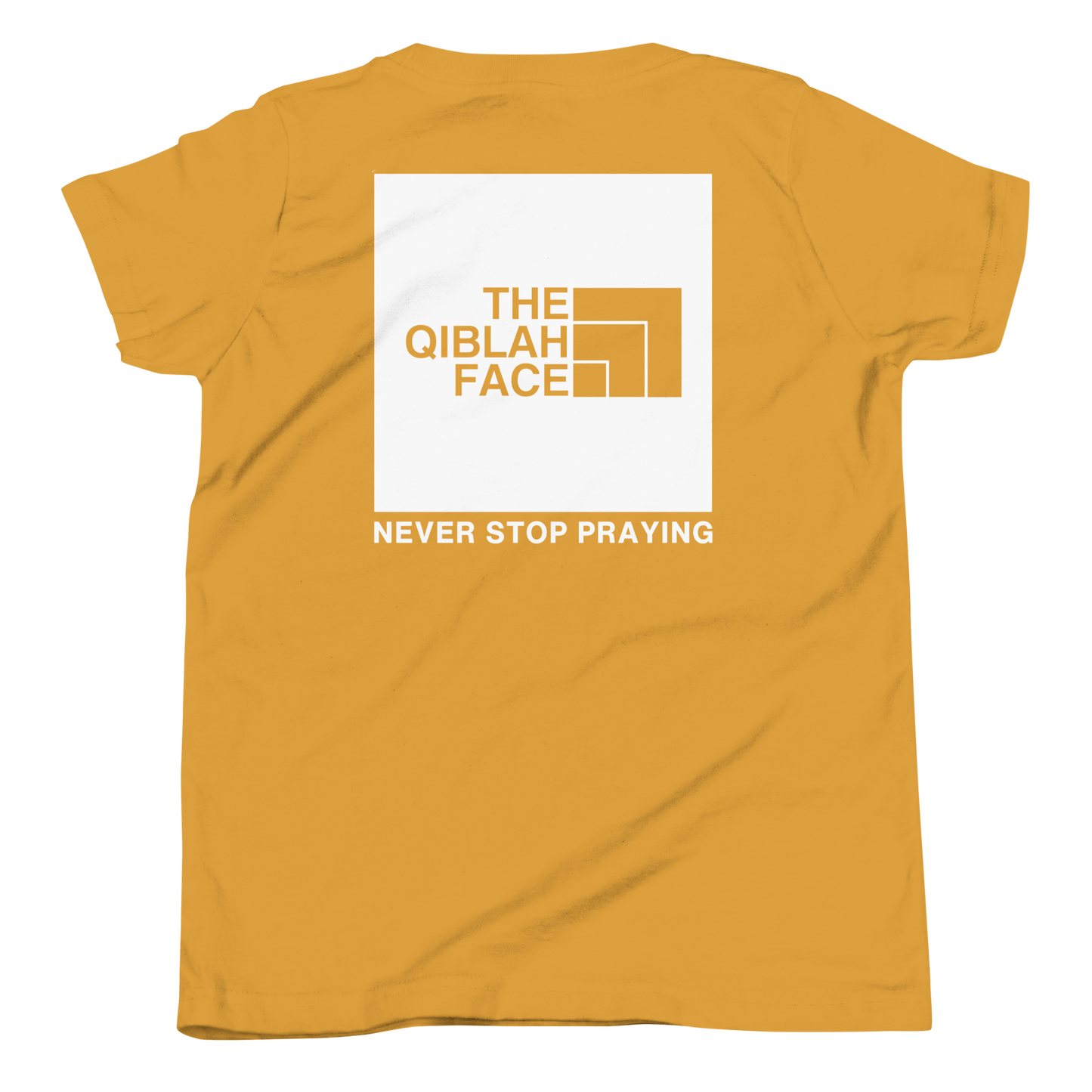 CHILDREN's T-Shirt - THE QIBLAH FACE (Never Stop Praying - Back Logo) - White