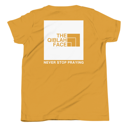 CHILDREN's T-Shirt - THE QIBLAH FACE (Never Stop Praying - Back Logo) - White