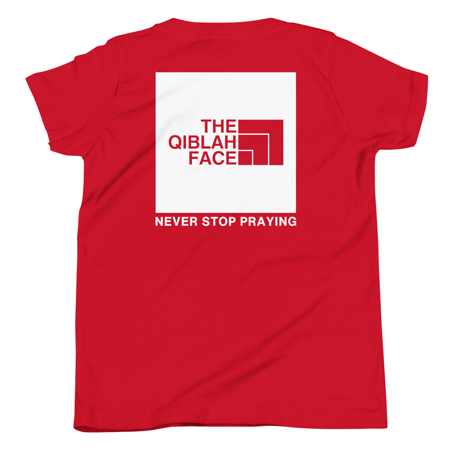 CHILDREN's T-Shirt - THE QIBLAH FACE (Never Stop Praying - Back Logo) - White