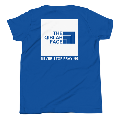 CHILDREN's T-Shirt - THE QIBLAH FACE (Never Stop Praying - Back Logo) - White