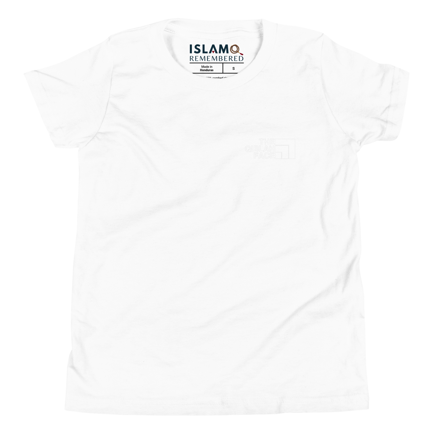 CHILDREN's T-Shirt - THE QIBLAH FACE (Never Stop Praying - Back Logo) - White